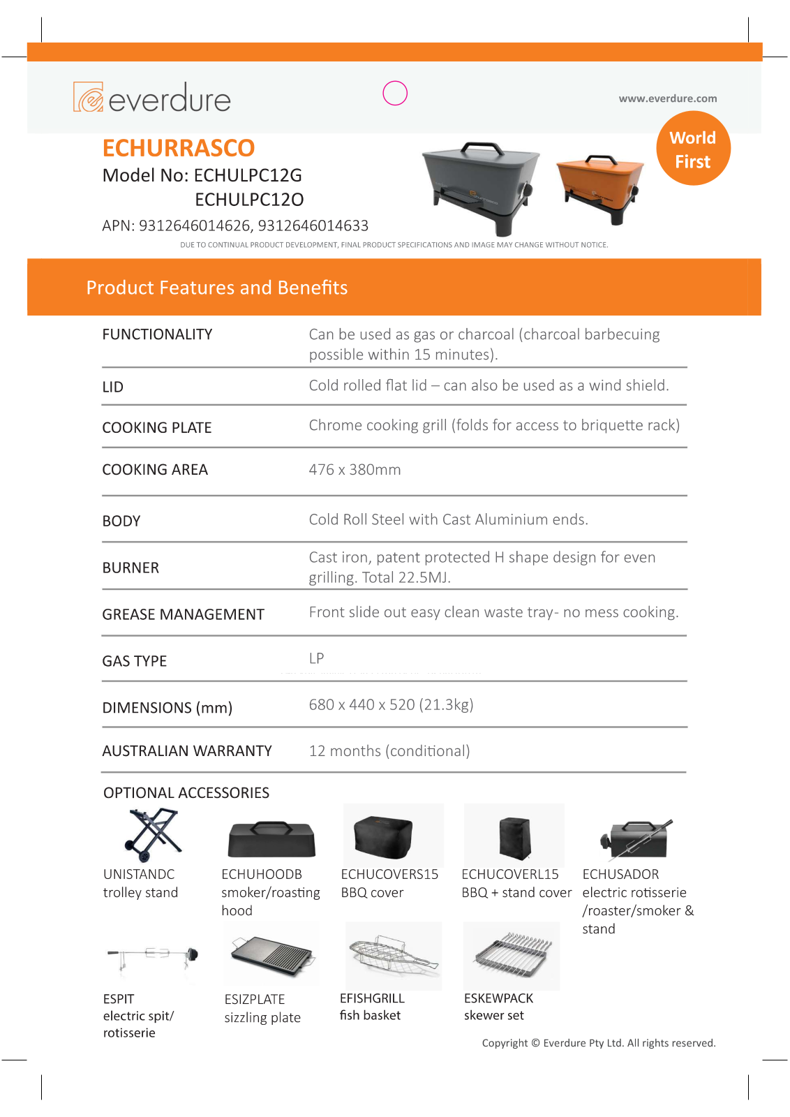 Everdure ECHULPC12G, ECHULPC12O Specifications Sheet