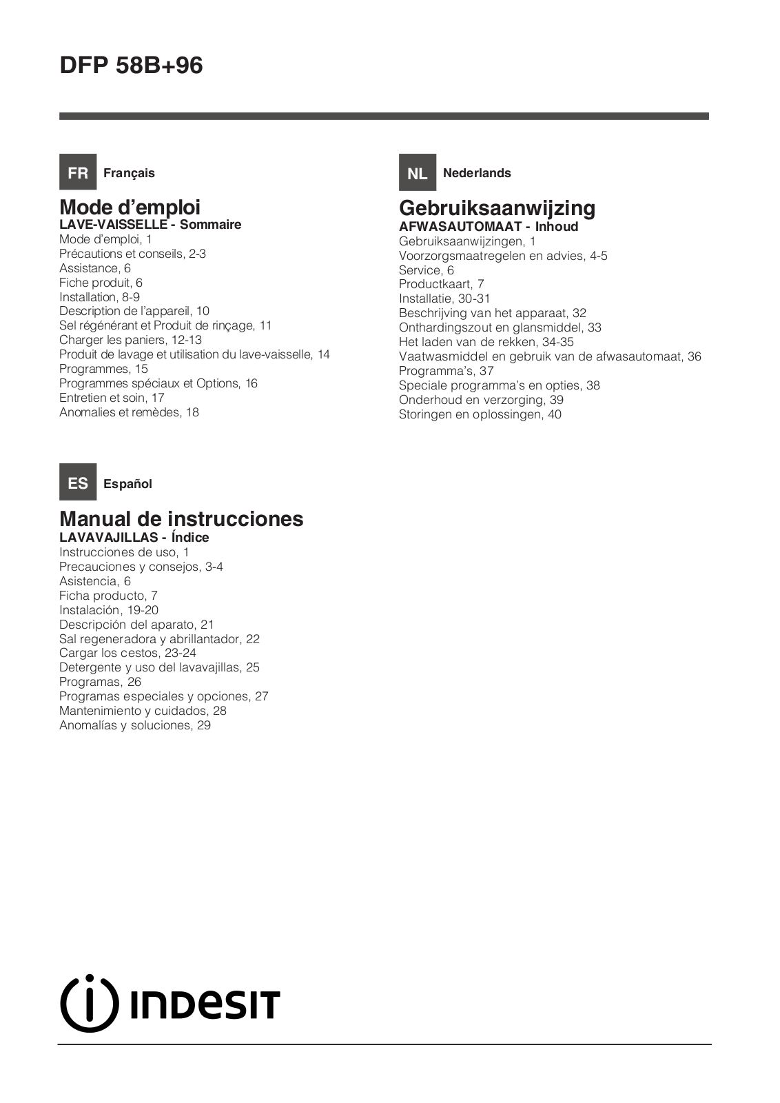 INDESIT DFP 58B+96 NX EU User Manual