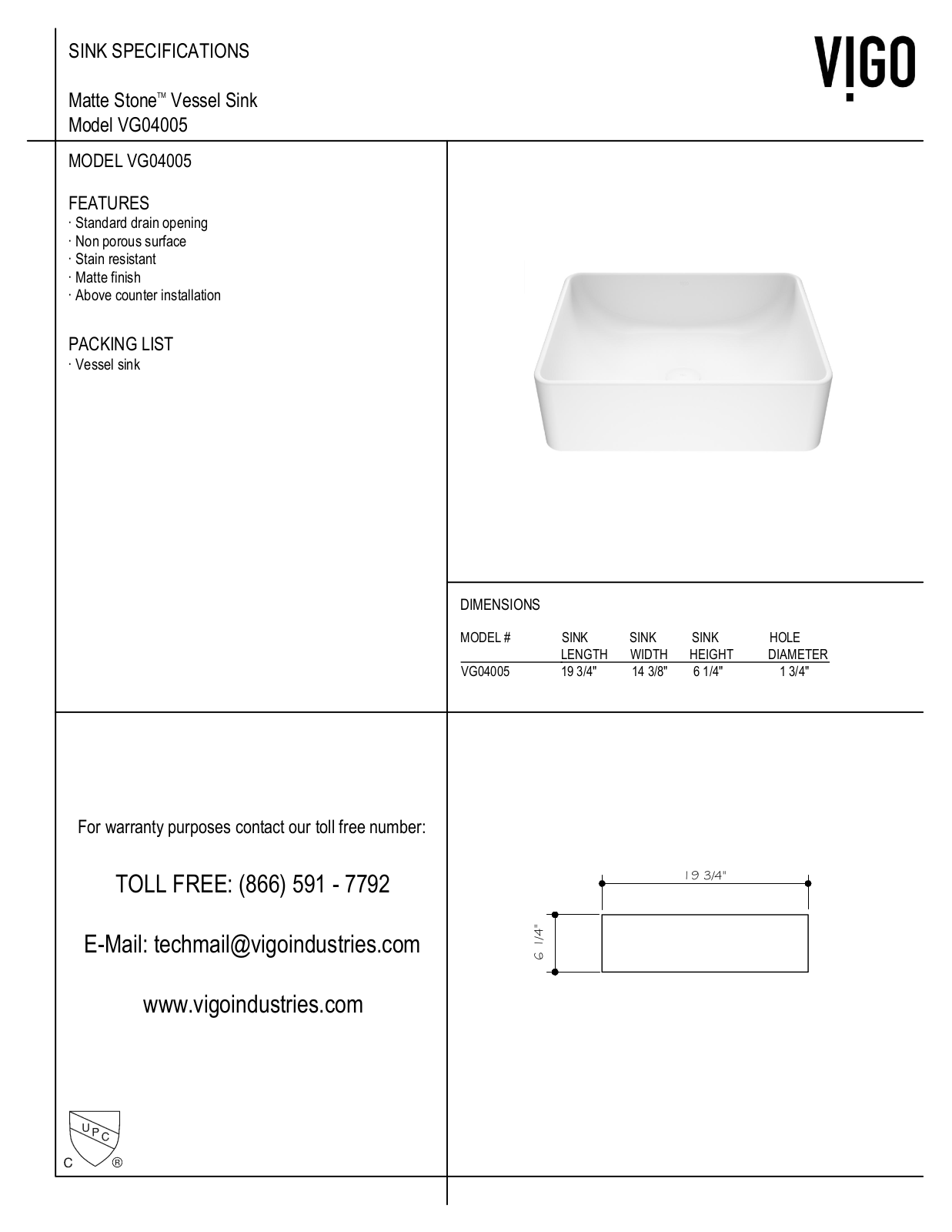 Vigo VGT1088MW, VGT1088BN, VG04005 Specifications