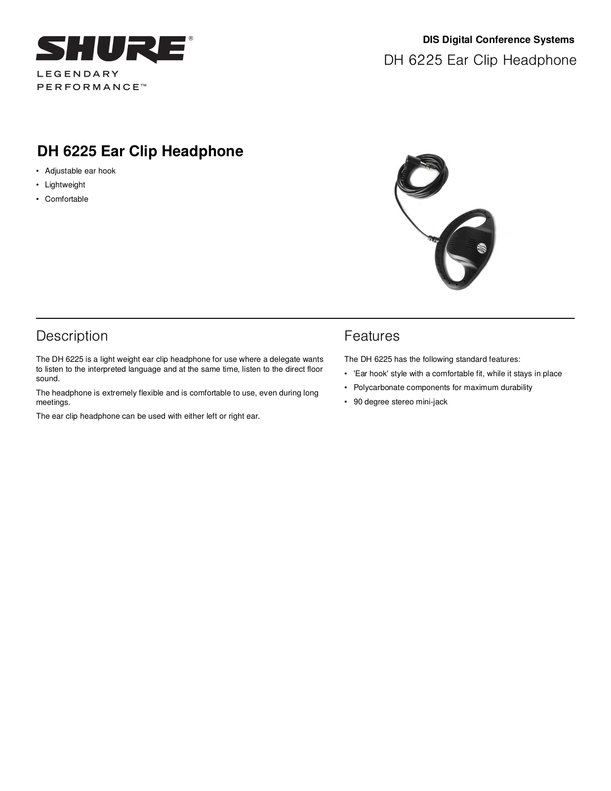 Shure DH 6225 Specification Sheet