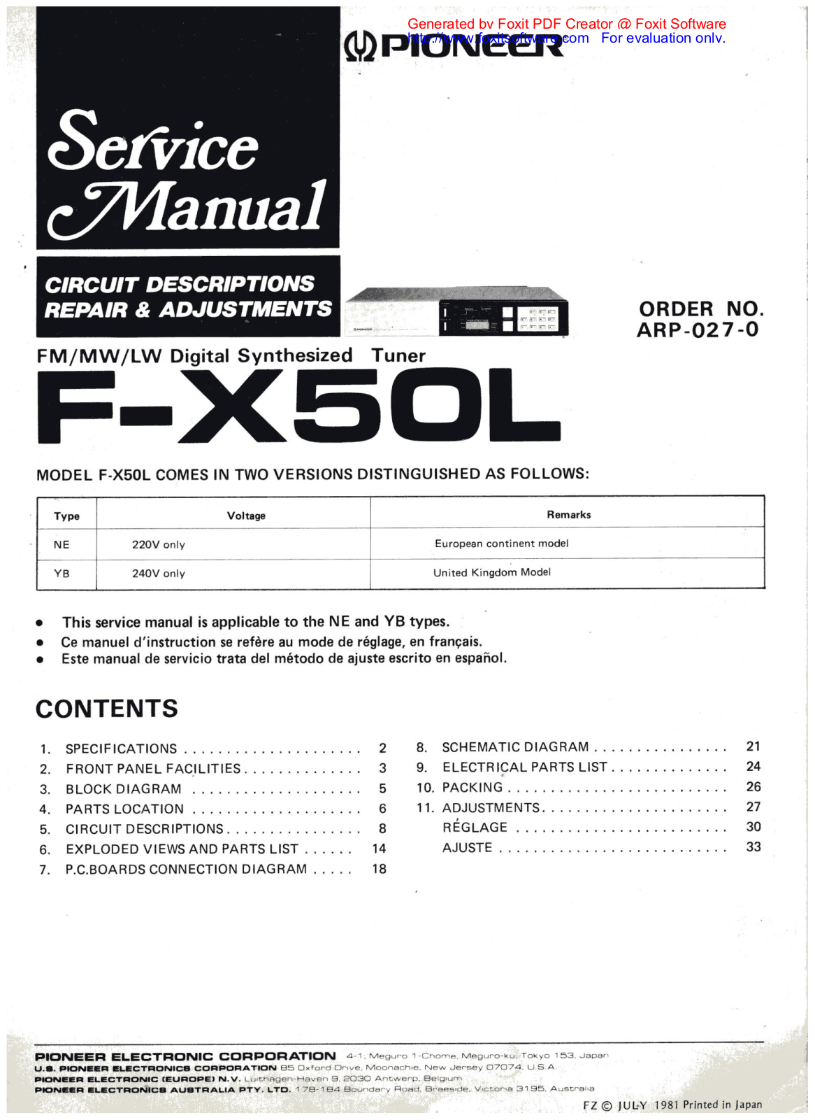 PIONEER f x50l Service Manual
