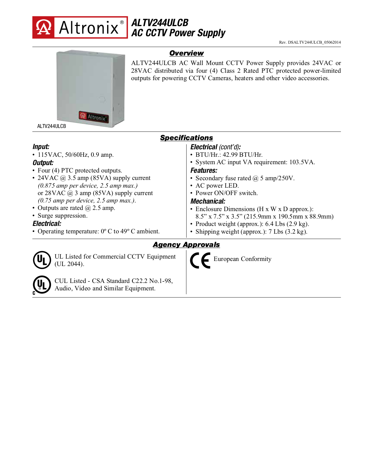 Altronix ALTV244ULCB Specsheet