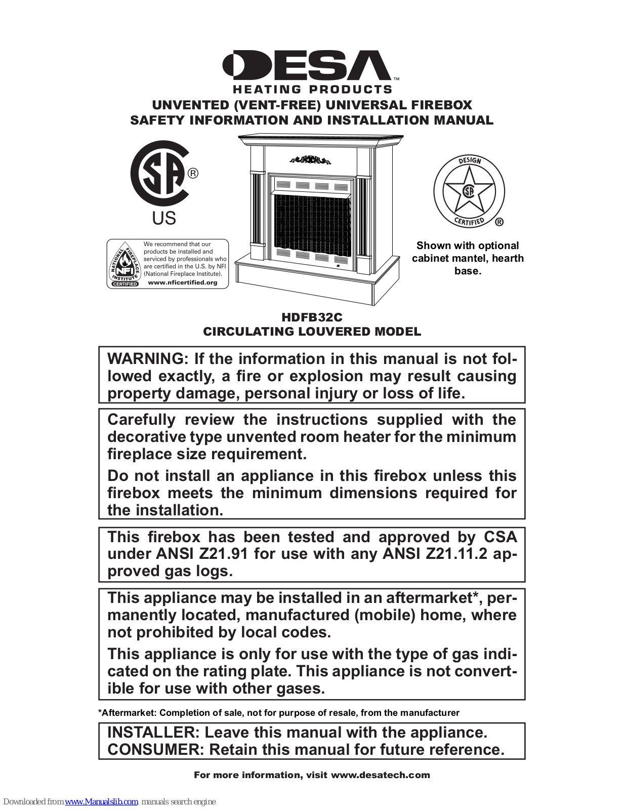 Desa HDFB32C Safety Information And Installation Manual