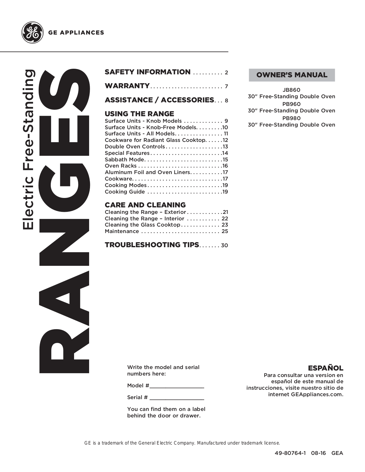 GE JB860DJBB, PB960SJSS, PB960EJES, PB960DJBB, PB960TJWW Owners Manual