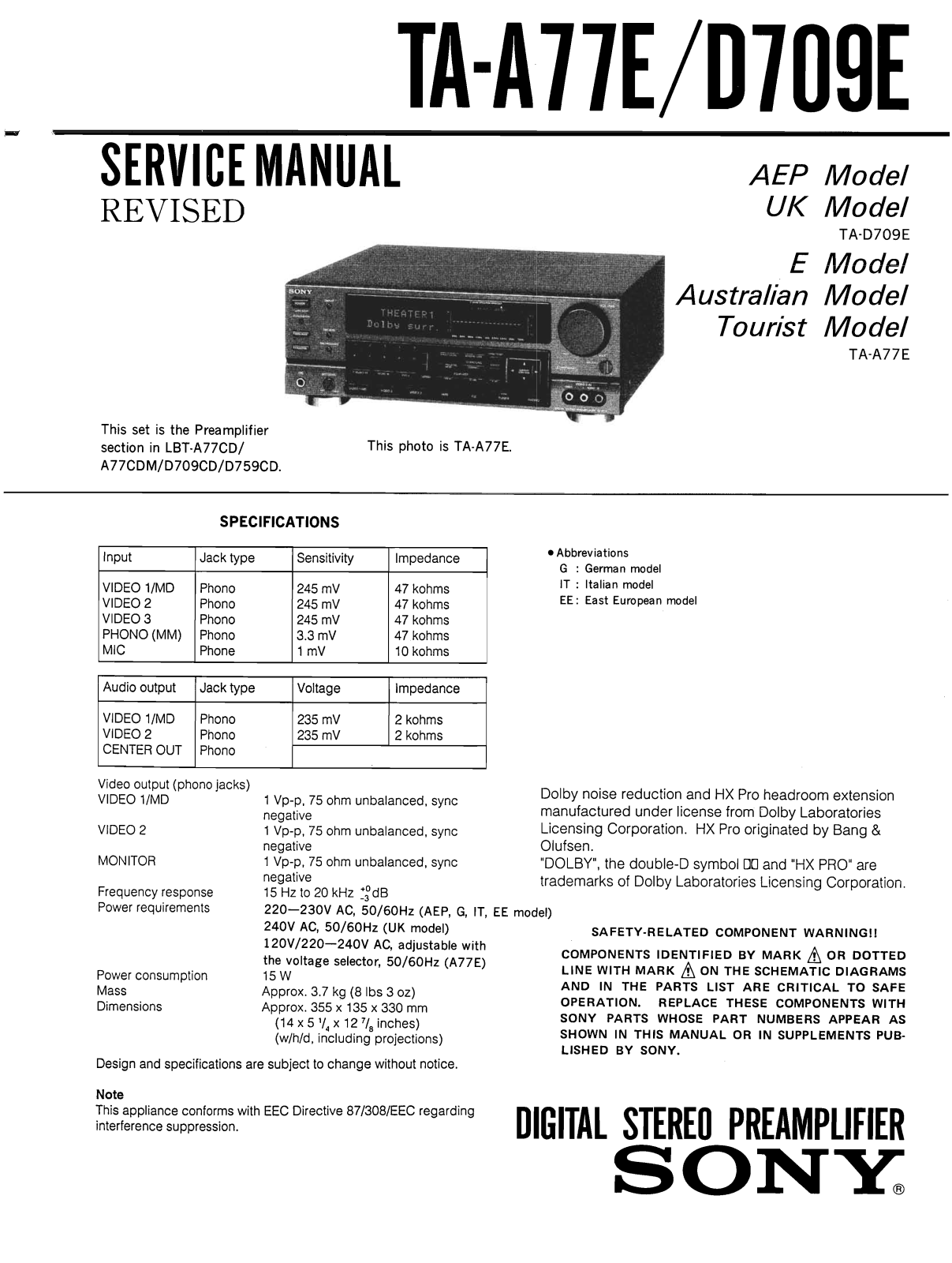 Sony TA-A77E Service Manual