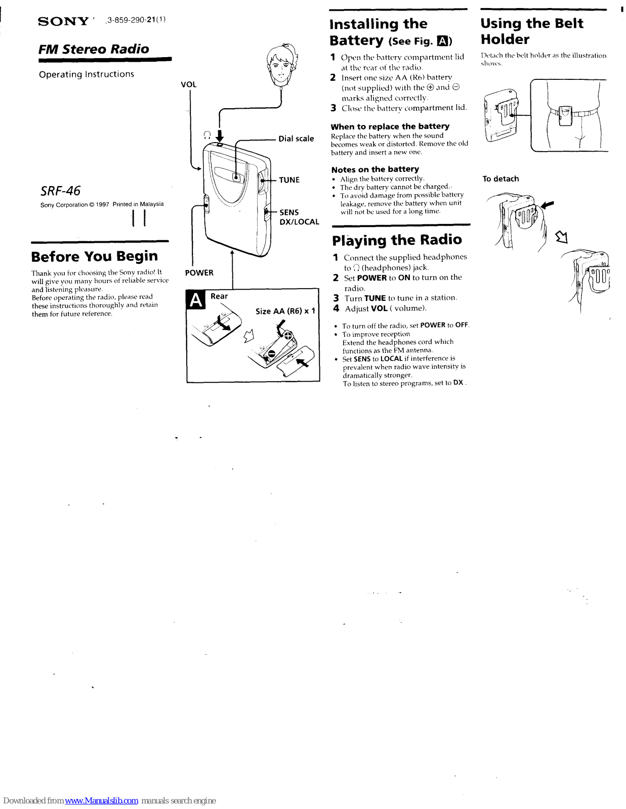 Sony Walkman SRF-46 Operating Instructions Manual