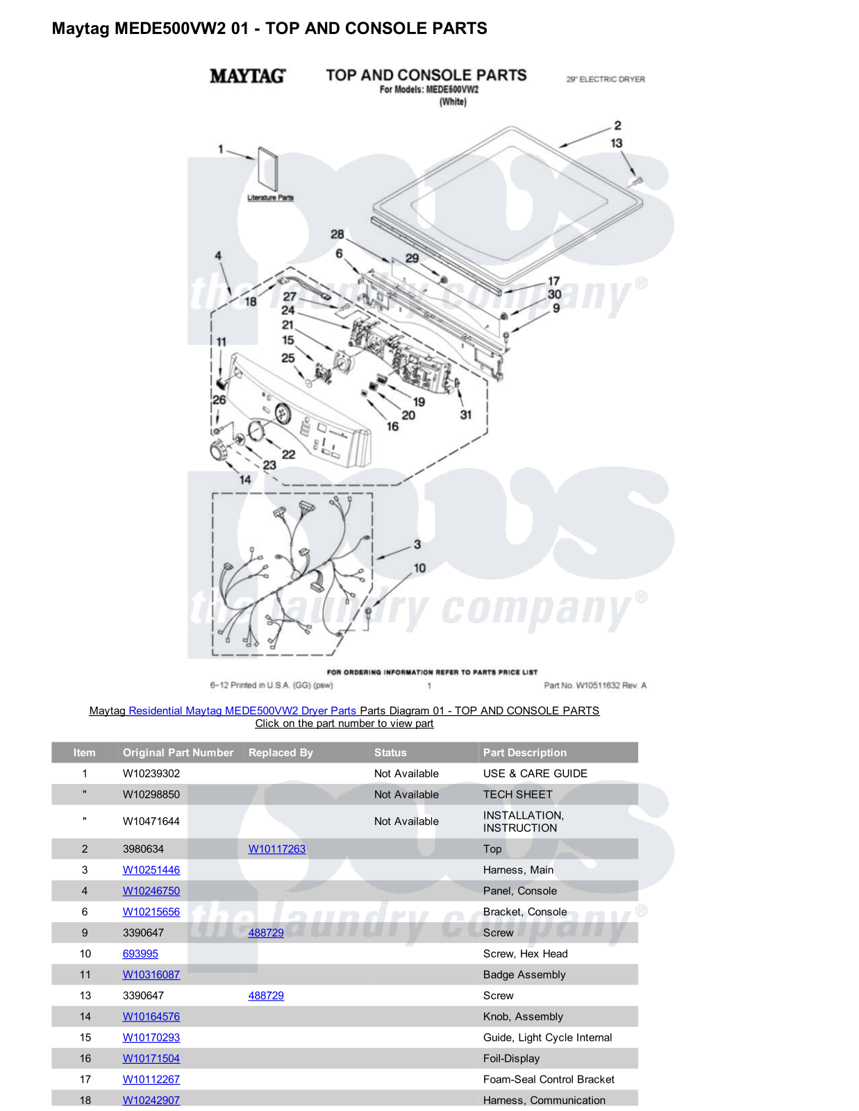 Maytag MEDE500VW2 Parts Diagram