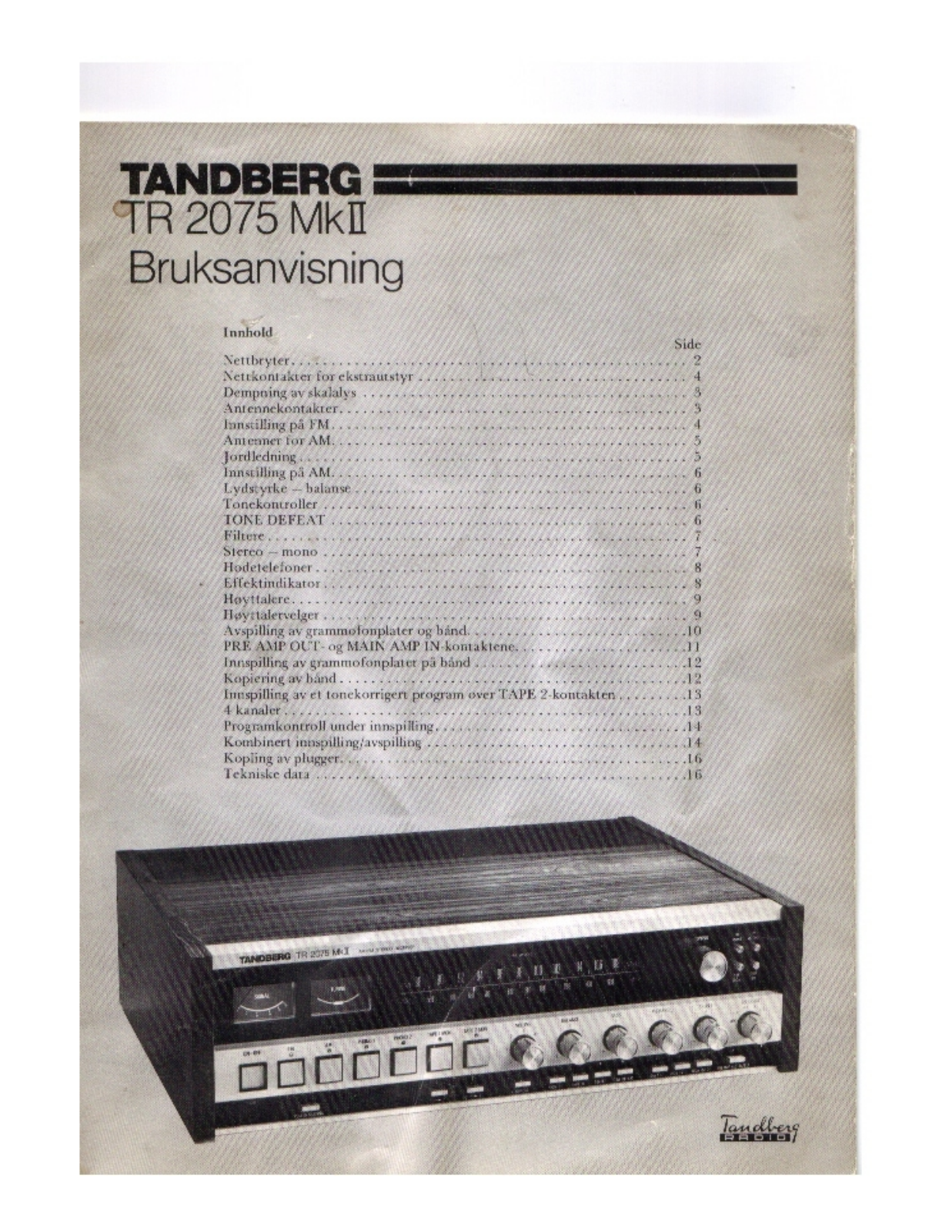 Tandberg TR-2075 Mk2 Owners manual