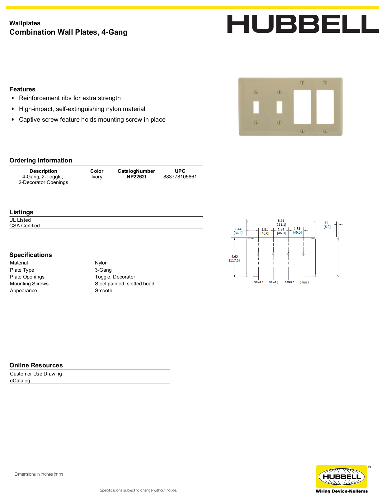 Hubbell NP2262I Specifications