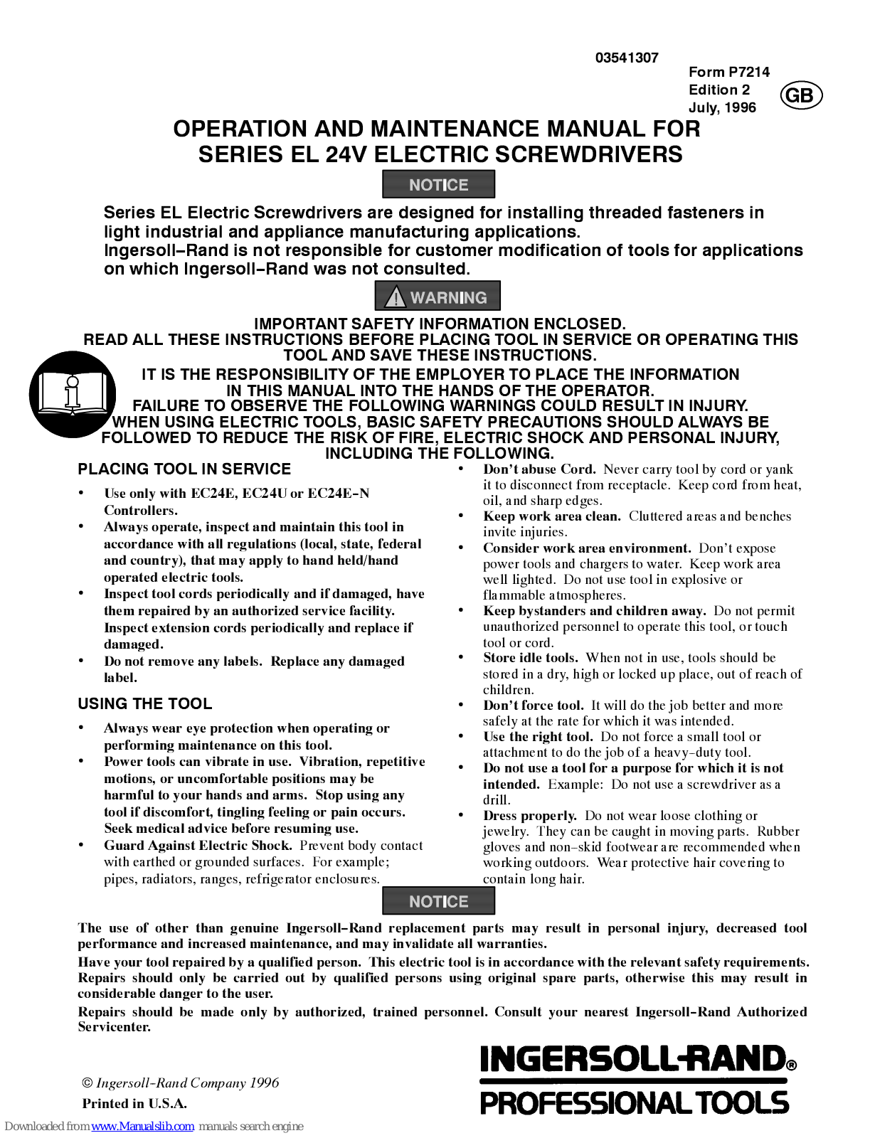 Ingersoll-Rand EL0109E, EL0410E, EL0410EC, EL10007E, EL1007EC Operation And Maintenance Manual