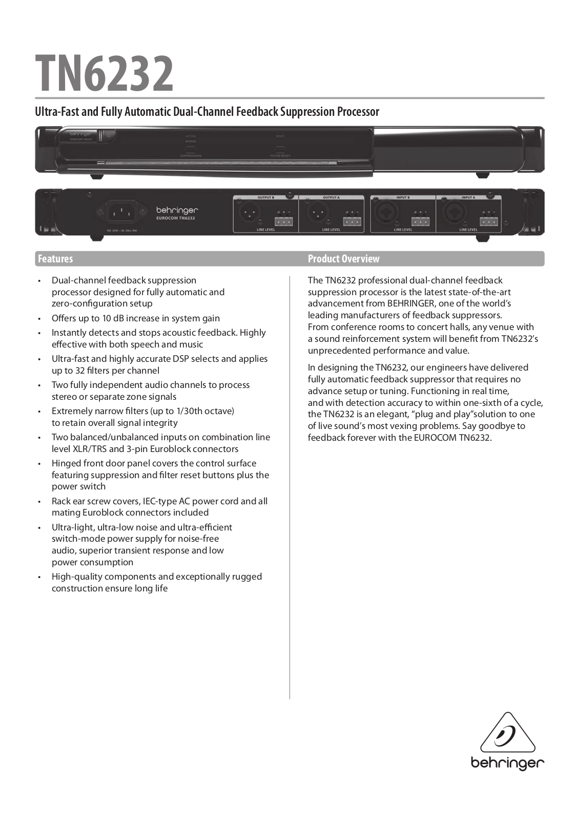 Behringer TN6232 Specification Sheet