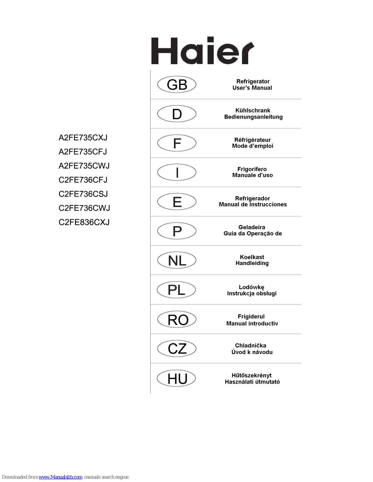 Haier A2FE735CXJ, A2FE735CFJ, C2FE736CFJ, A2FE735CWJ, C2FE736SJ User Manual