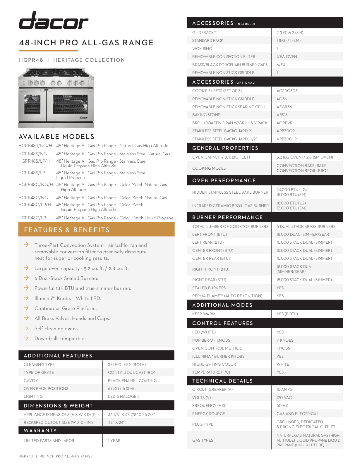Dacor HGPR48CNG Specifications