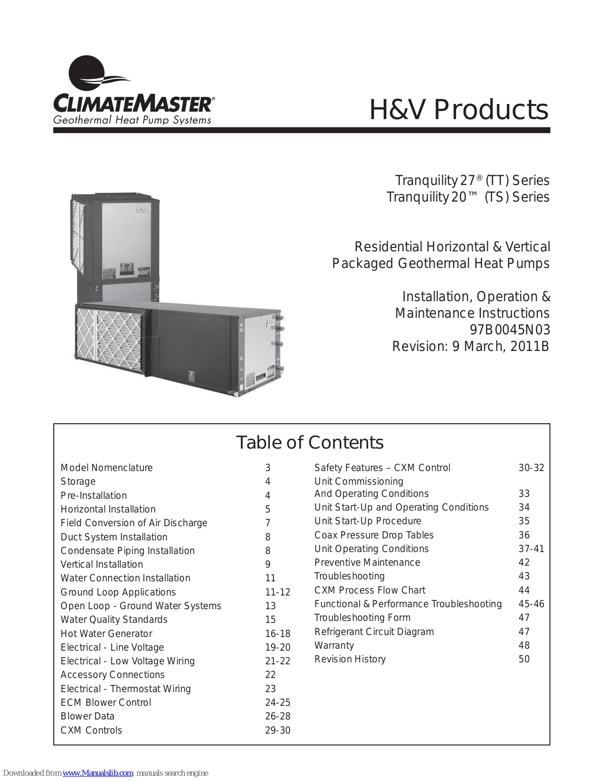 ClimateMaster Tranquility 27, Tranquility 20, Tranquility 27 TS, Tranquility 20 TS Installation, Operation & Maintenance Instructions Manual