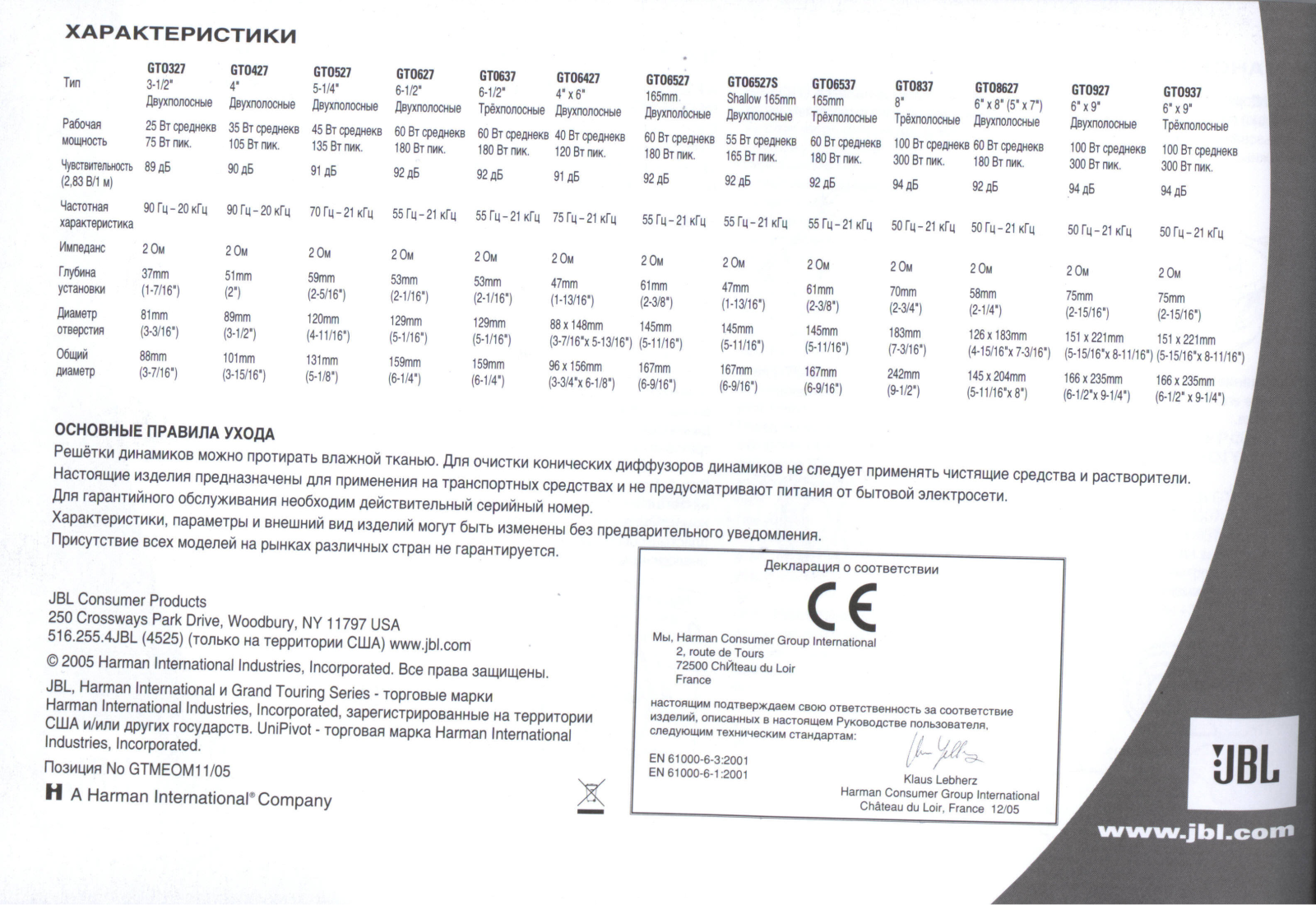 JBL GTO-6537 User manual