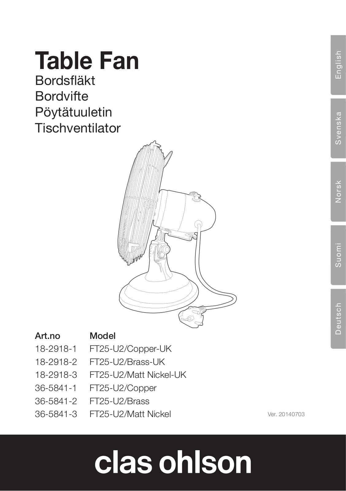 Clas Ohlson FT25-U2/Copper-UK, FT25-U2/Brass-UK, FT25-U2/Matt Nickel-UK, FT25-U2/Copper, FT25-U2/Brass User Manual