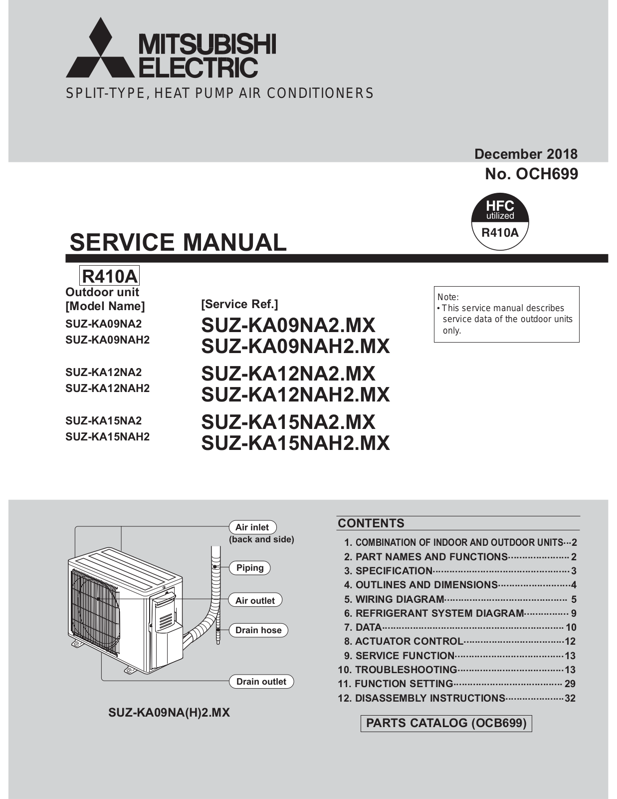 Mitsubishi Electric SUZ-KA09NAH2.MX, SUZ-KA09NA2.MX, SUZ-KA12NA2.MX, SUZ-KA15NAH2.MX, SUZ-KA12NAH2.MX Service Manual