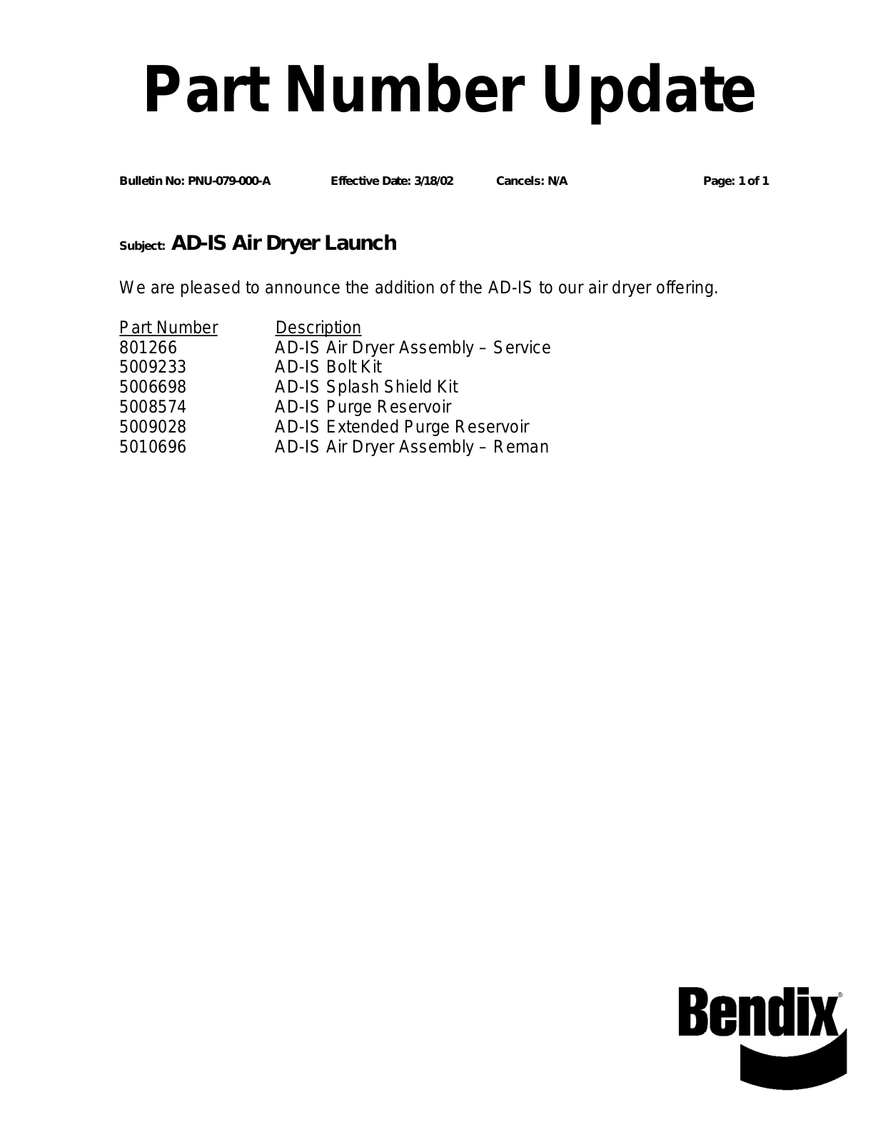 BENDIX PNU-079 User Manual