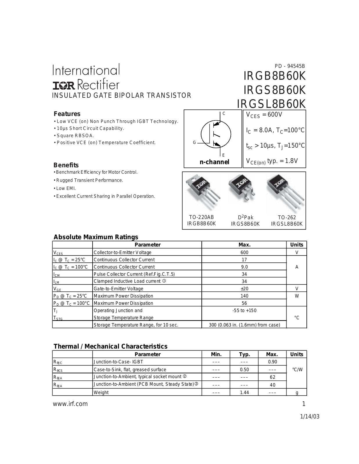 Datasheet irgs8b60k Datasheet - ManualMachine.com