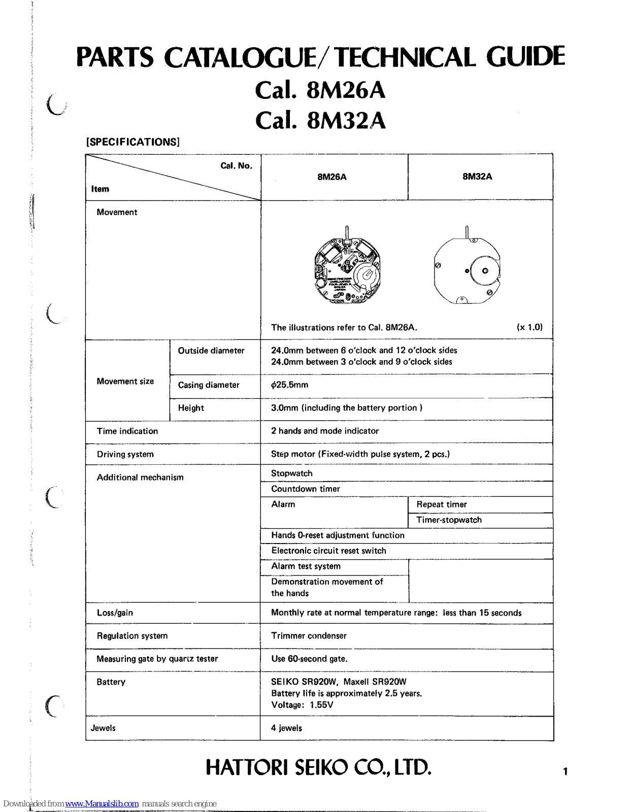 Seiko 8M26A, 8M32A Parts Catalogue /technical Manual