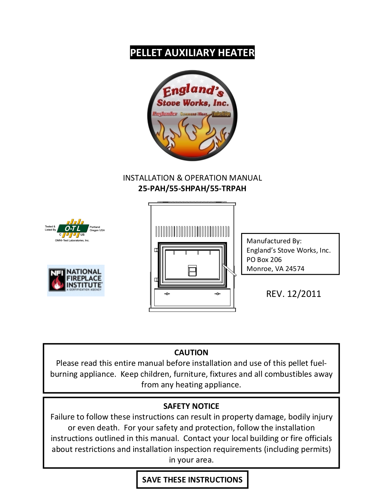 England's Stove Works 55TRPAH, 25PAH, 55SHPAH User Manual