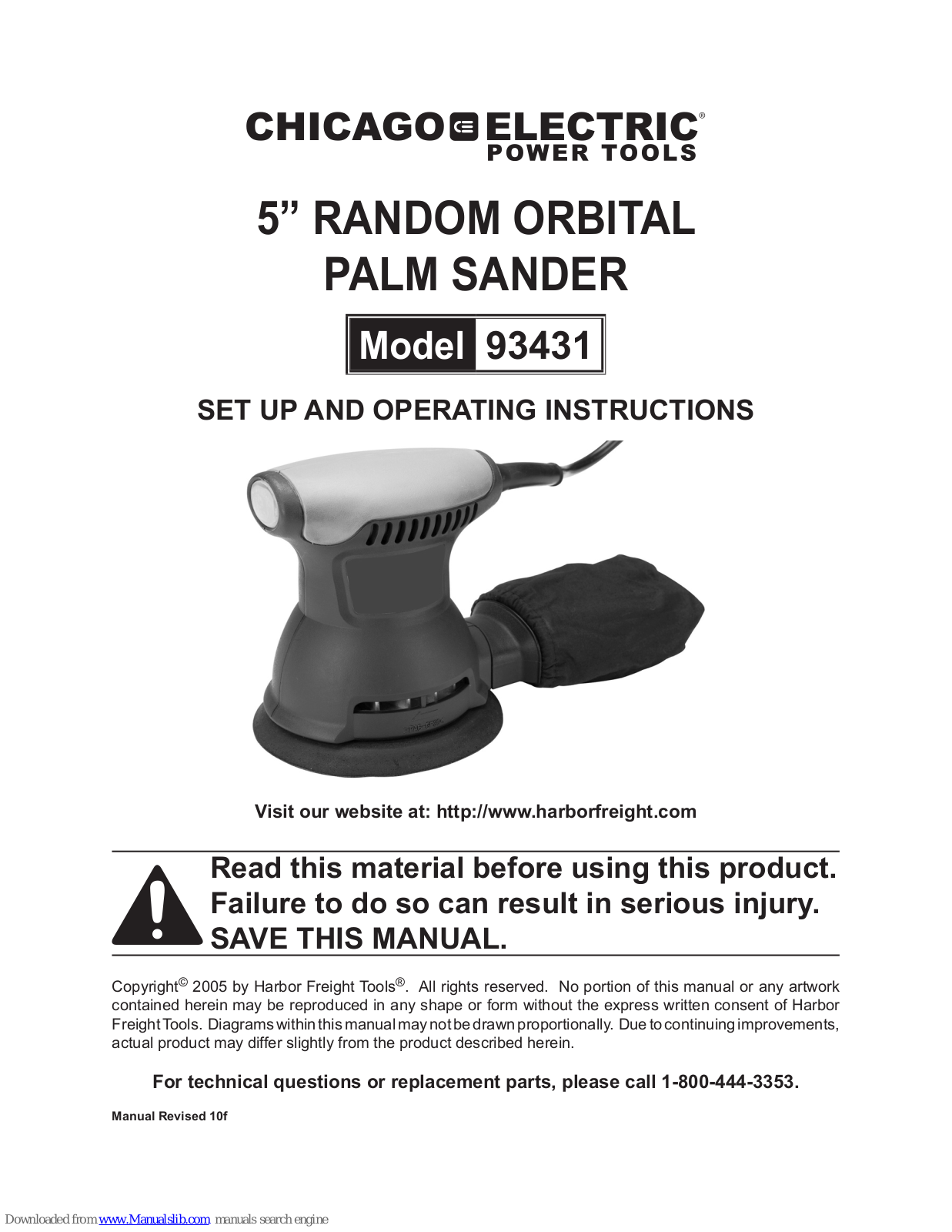 Chicago Electric Random Orbital Palm Sander Set Up And Operating Instructions Manual