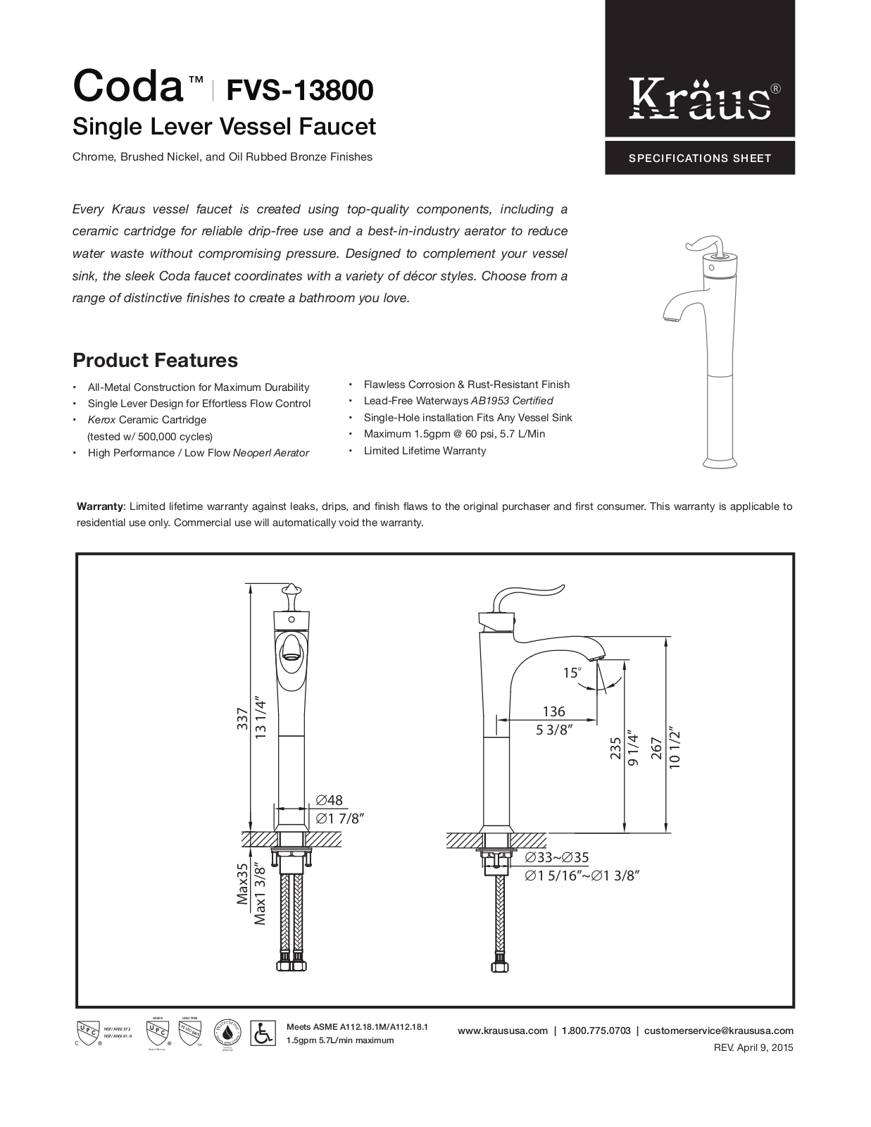 Kraus FVS13800PU15BN Specs