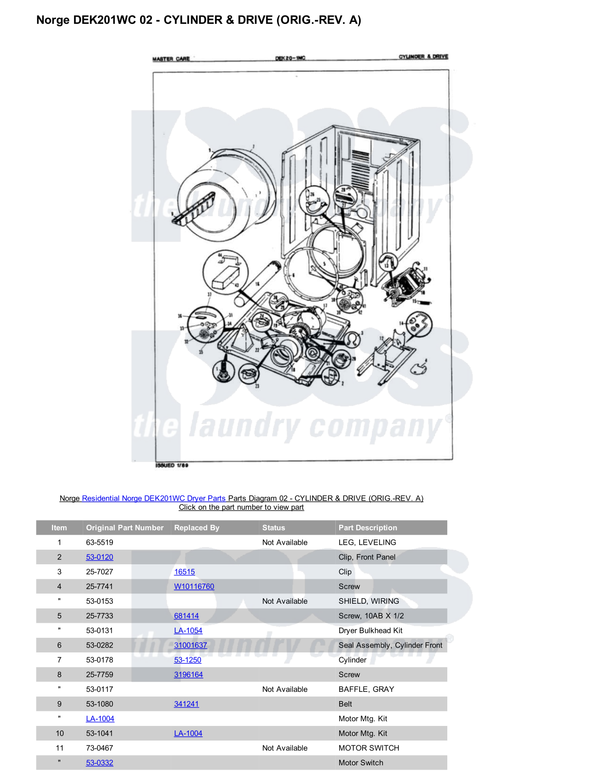 Norge DEK201WC Parts Diagram