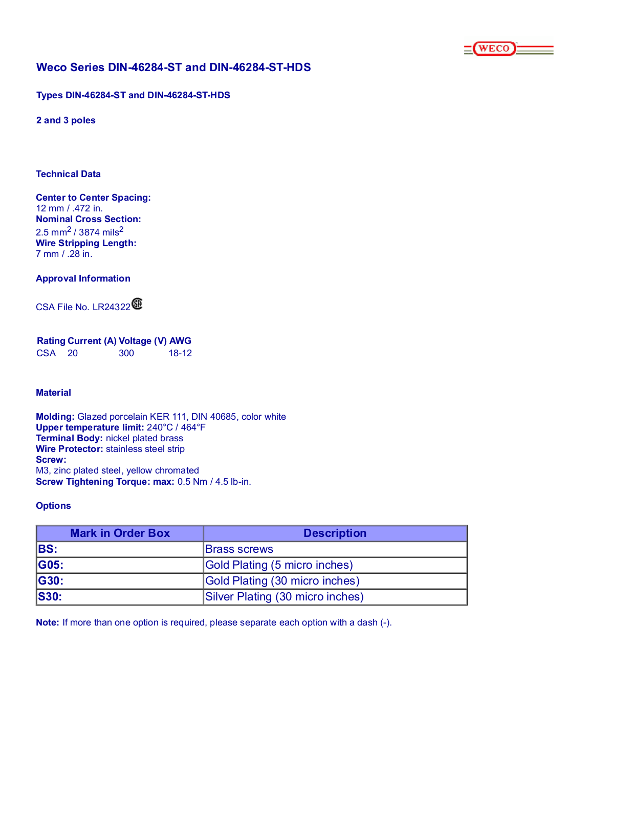 WECO Electrical Connectors Series DIN-46284-ST, Series DIN-46284-ST-HDS Data Sheet