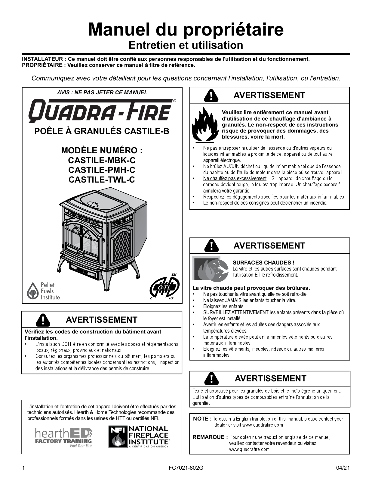 Quadra-Fire CASTILE-MBK-C, CASTILE-PMH-C, CASTILE-TWL-C Users guide