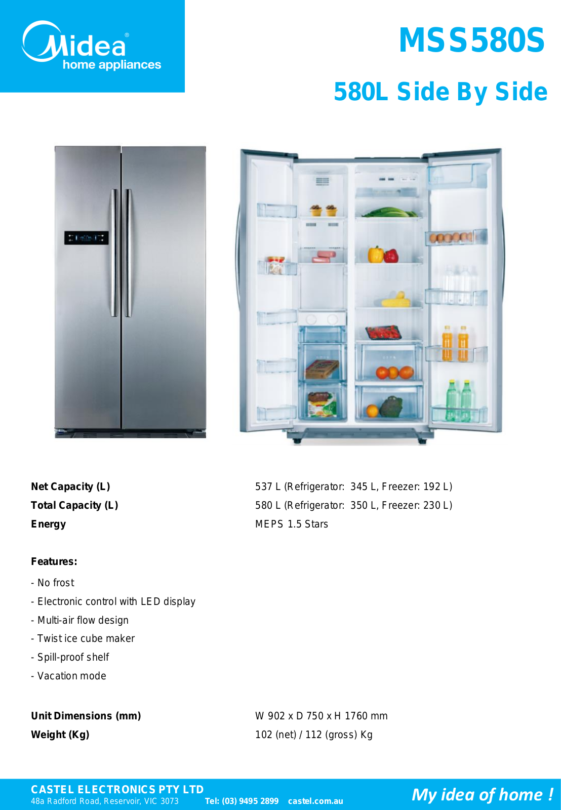 Midea MSS580W, MSS580S Specifications Sheet