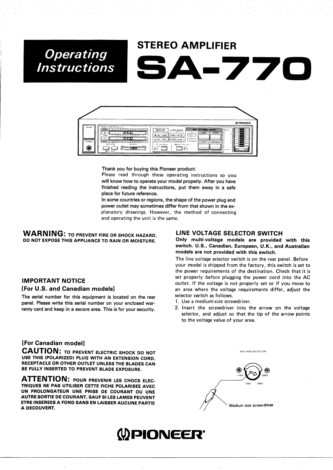 Pioneer SA-770 Owners manual