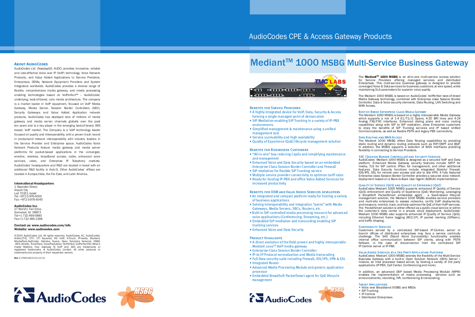 Audiocodes MEDIANT 1000 MSBG Datasheet