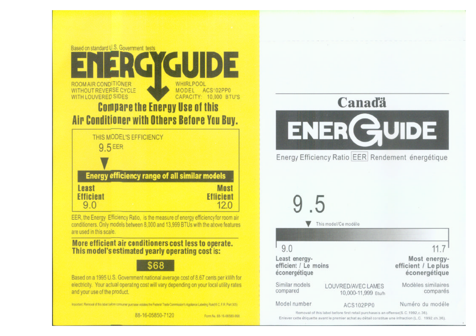 Whirlpool ACS102PP0 Energy Label