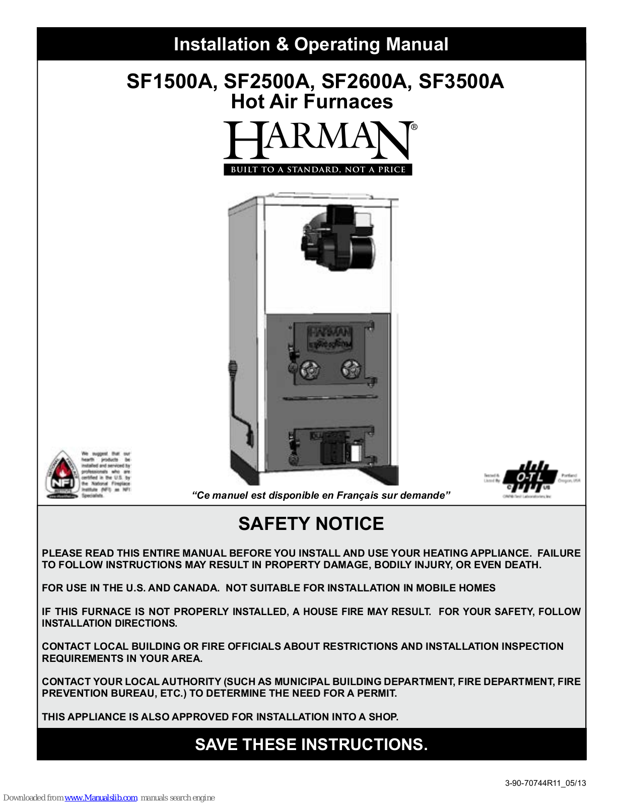 Harman Stoves SF1500A, SF2500A, SF3500A, SF2600A Installation & Operating Manual