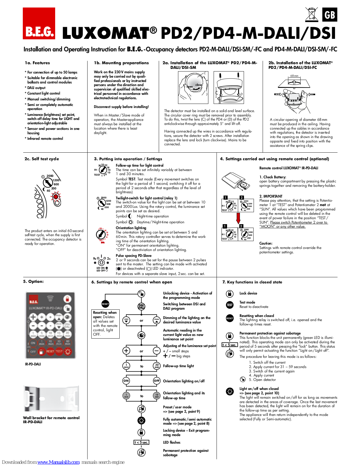 LUXOMAT PD2-M-DALI/DSI-SM, PD2-M-DALI/DSI-FC, PD4-M-DALI/DSI-SM, PD4-M-DALI/DSI-FC Operating Instruction