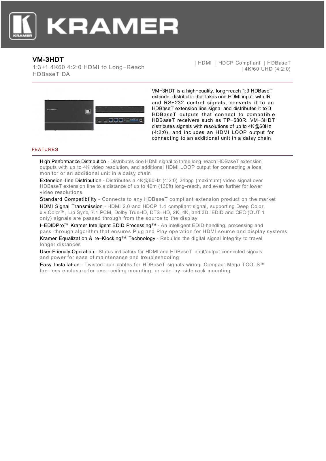 Kramer VM-3HDT Datasheet