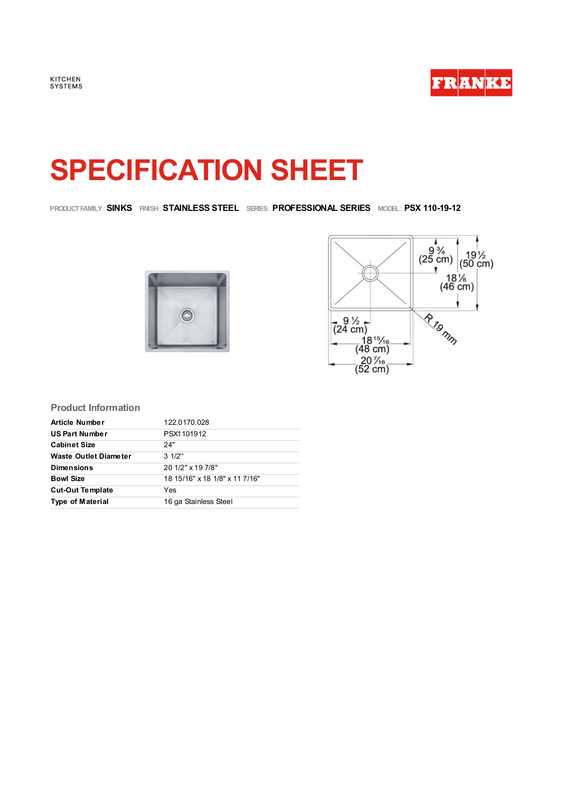 Franke Foodservice PSX 110-19-12 User Manual