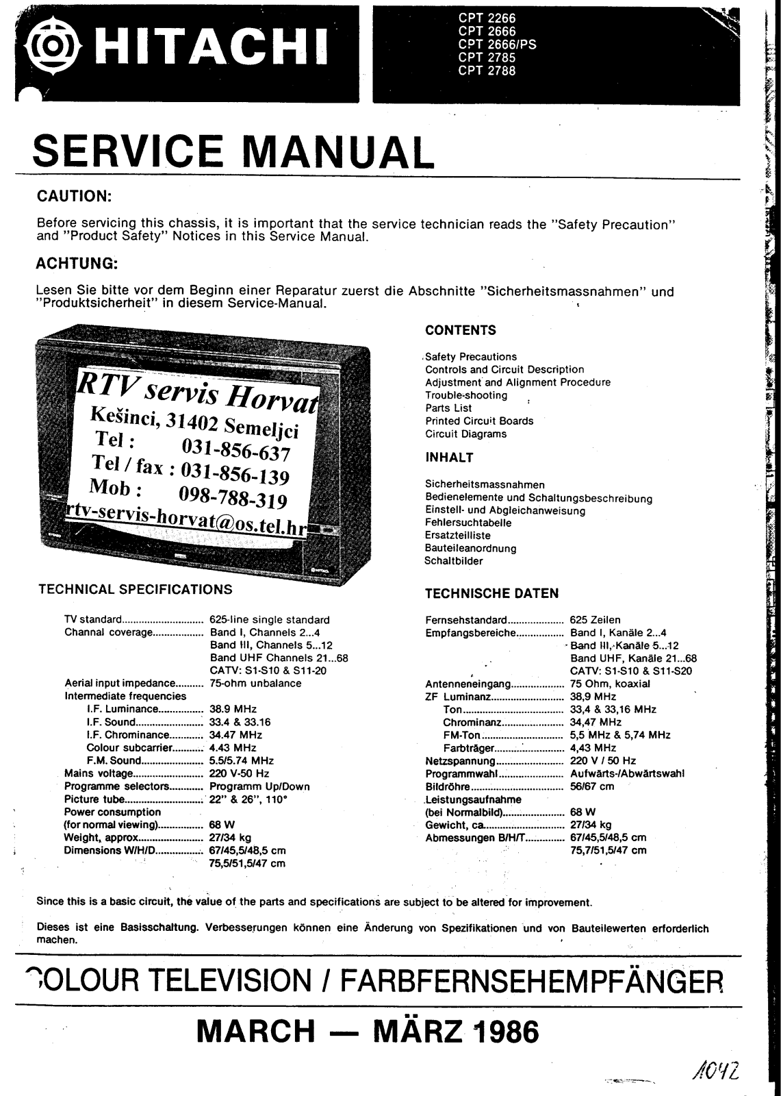 HITACHI CPT2266, CPT2666, CPT2266PS, CPT2786, CPT2788 Service Manual