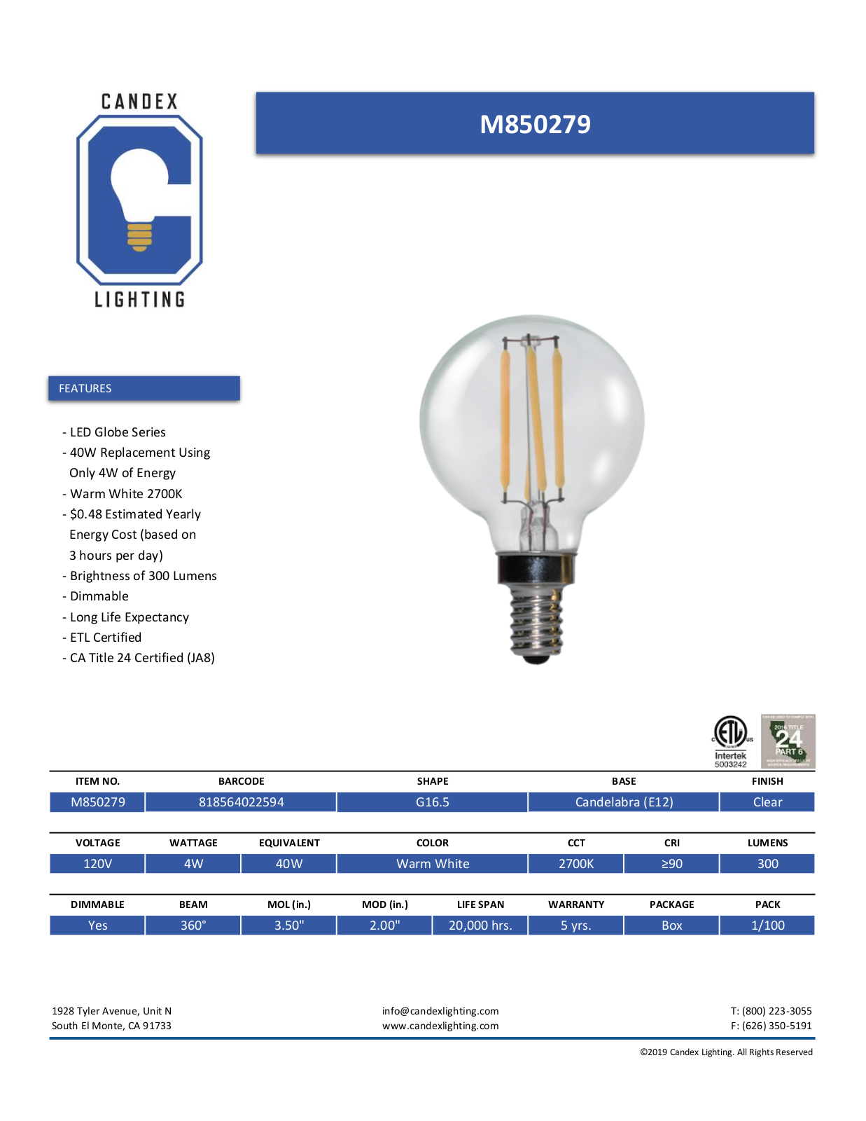 Candex Lighting CNDX1010 Specifications - ManualMachine.com