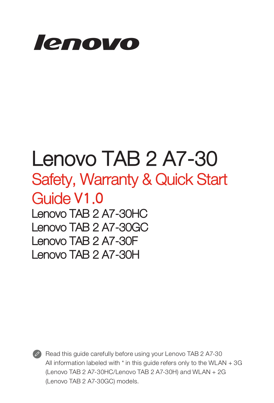 Lenovo TAB 2 A7-30 Safety, Warranty & Quick Start Guide