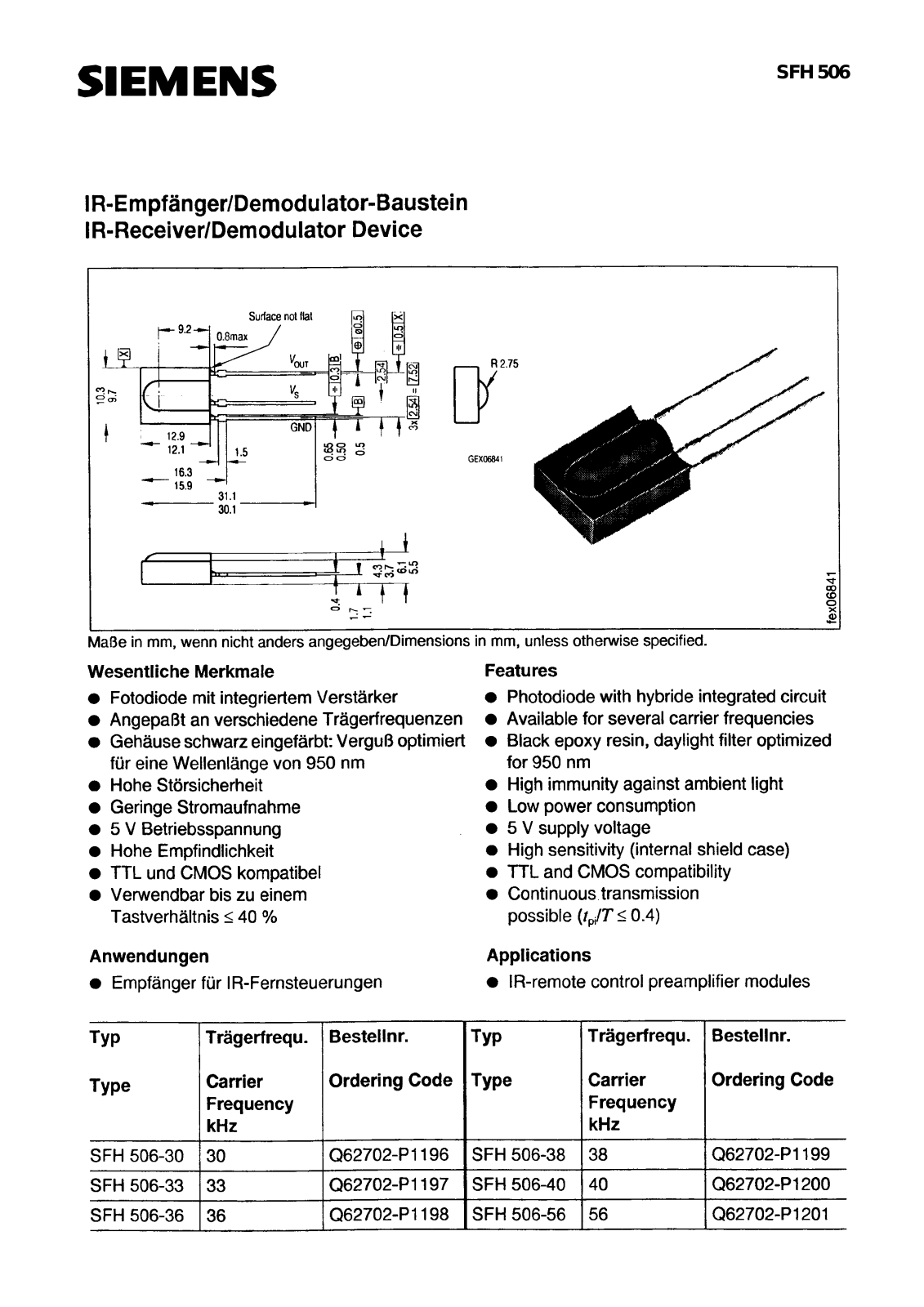 Siemens SFH506-33, SFH506-36, SFH506-38, SFH506-40, SFH506-56 Datasheet