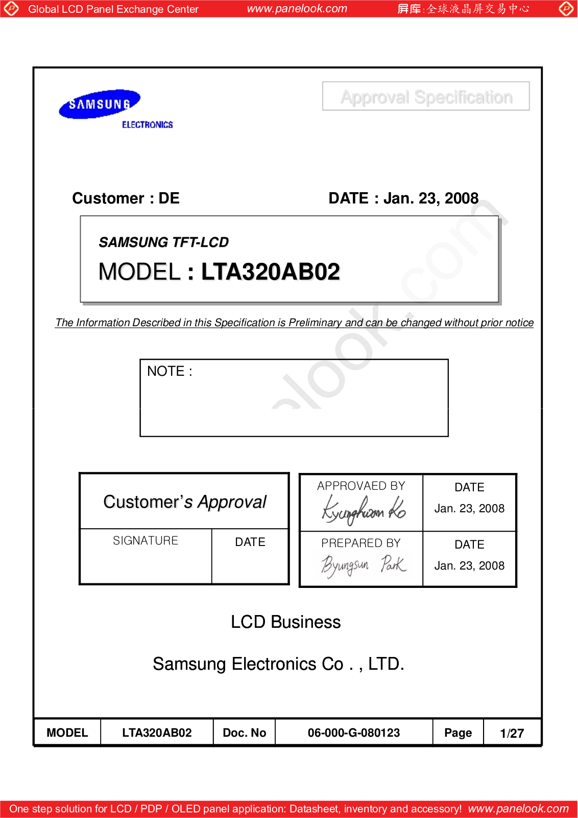 SAMSUNG LTA320AB02 Specification