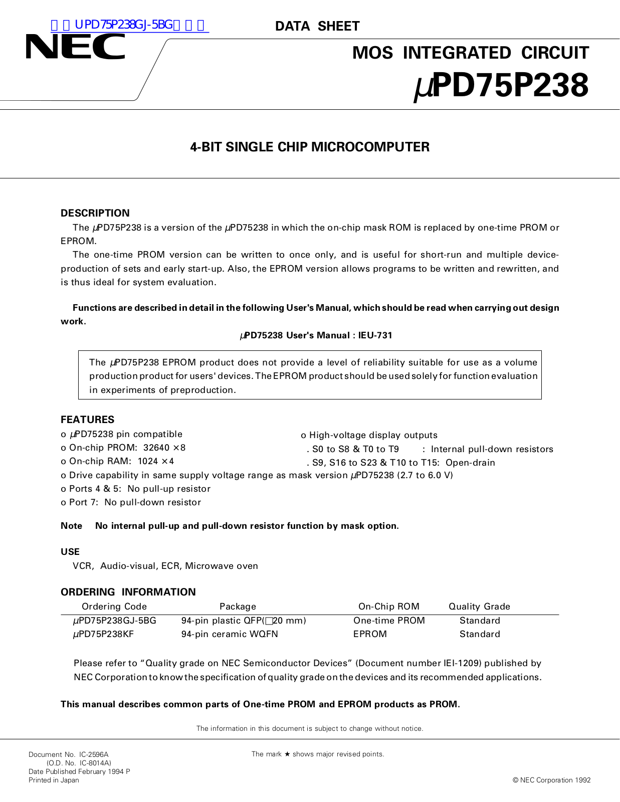 NEC PD75P238 Technical data