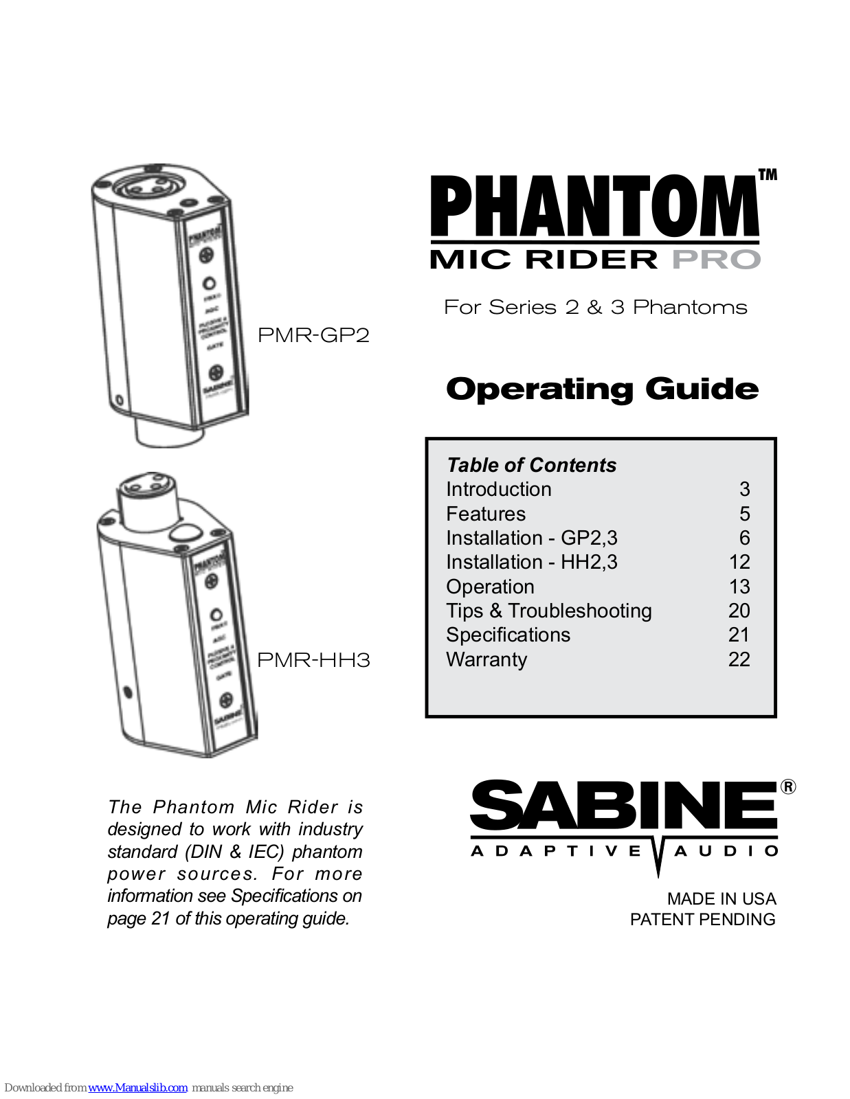 SABINE Phantom Mic Rider Pro PMR-GP2, Phantom Mic Rider Pro PMR-HH3 Operating Manual