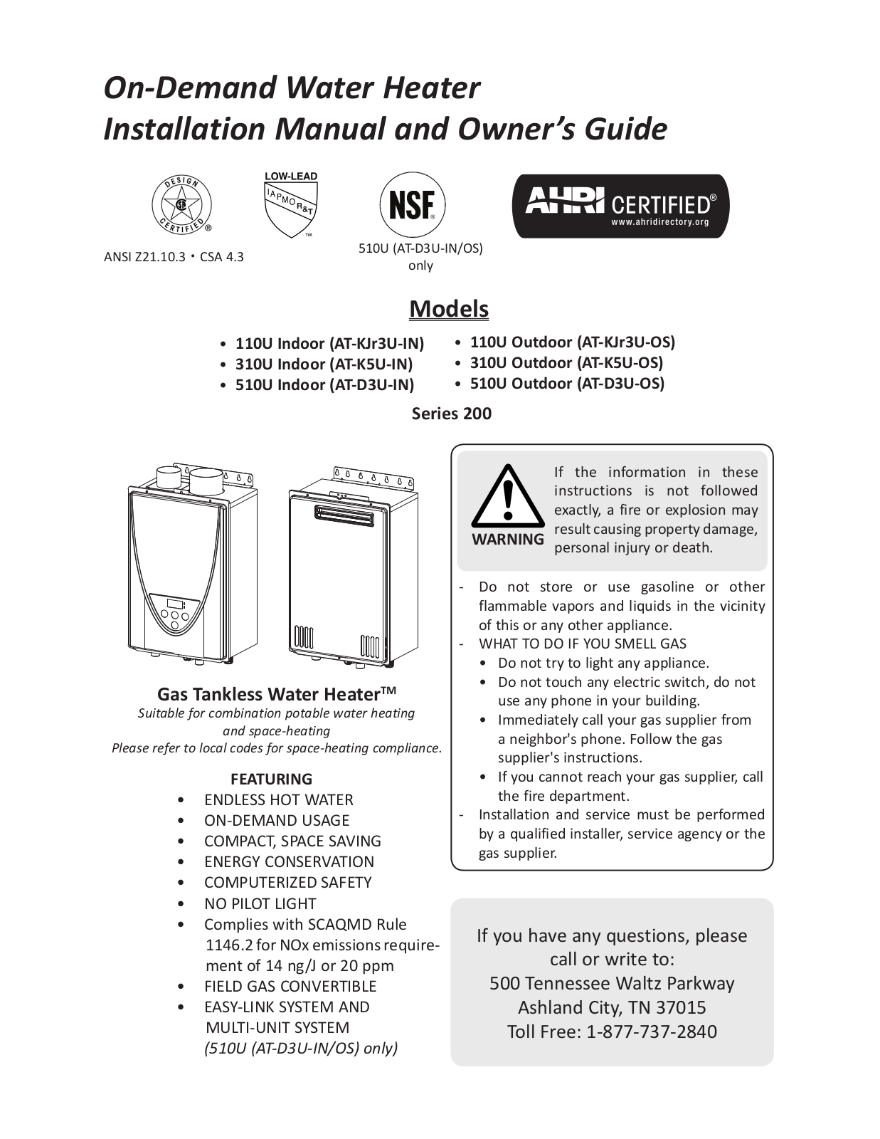 A.O. Smith ATI-110U 200, ATI-310U 200, ATI-510U 200+, ATO-110U 200, ATO-310U 200 Installation Manual