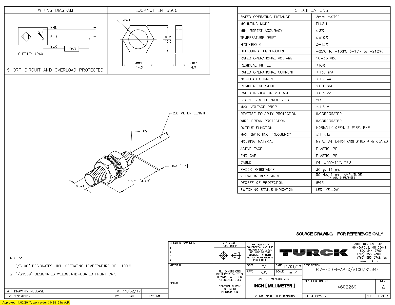 Turck BI2-EGT08-AP6X/S100/S1589 Data Sheet