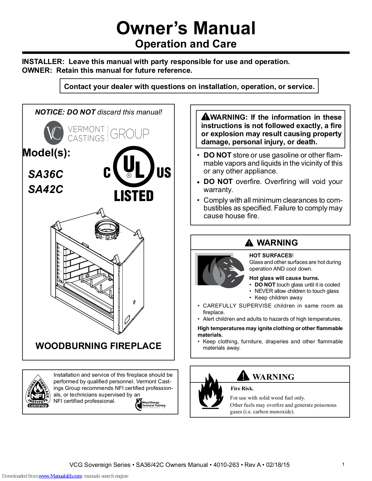 Vermont Castings SA36C, SA42C, SA36R, SA42R Owner's Manual