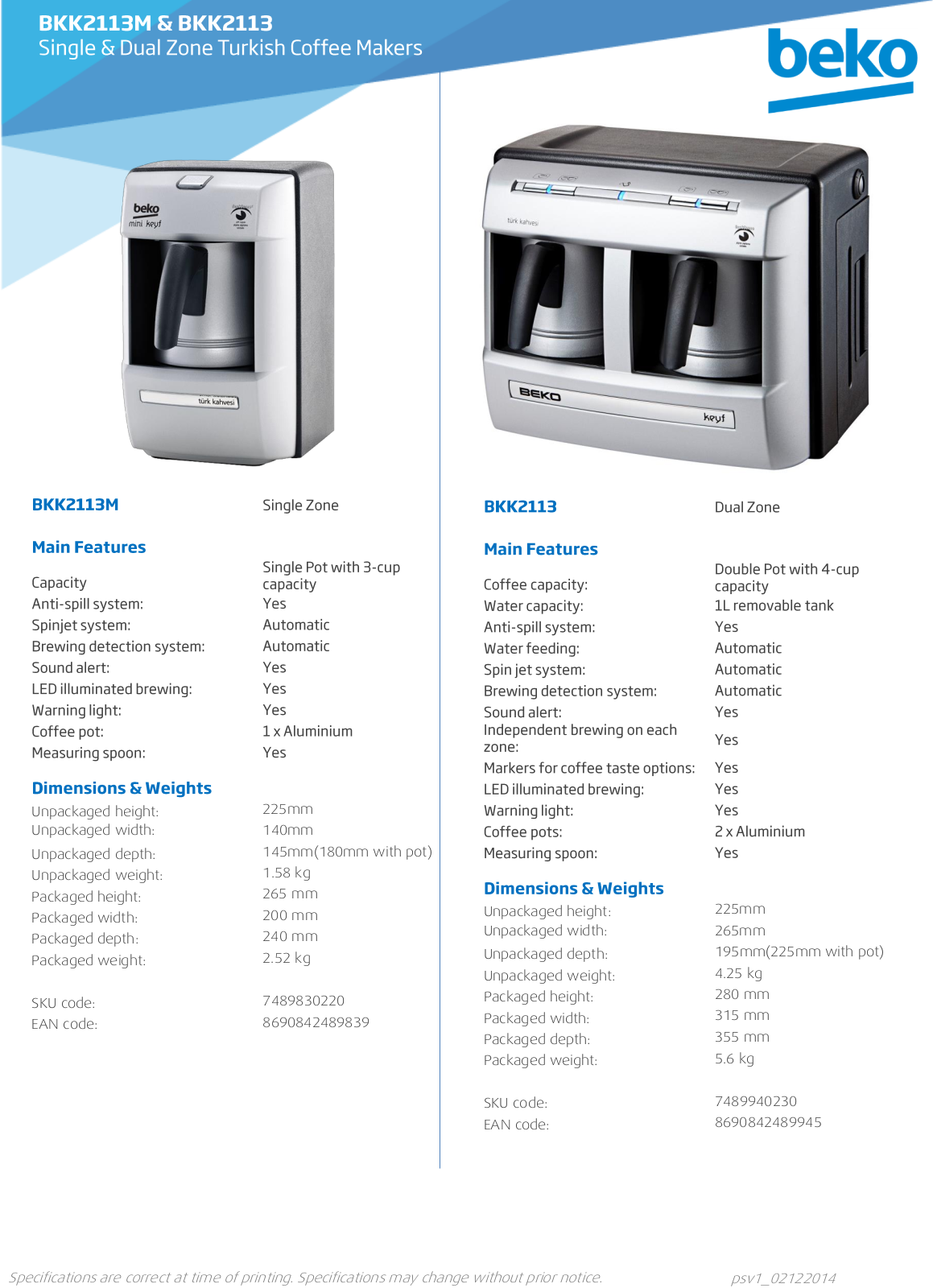 Beko BKK-2113, BKK2113M Specifications Sheet