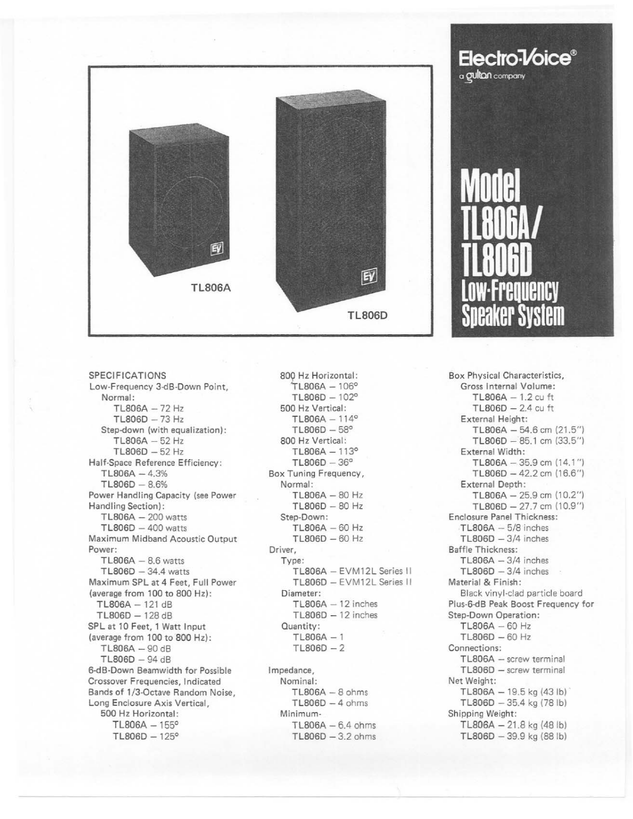 Electro-voice TL806D, TL806A DATASHEET